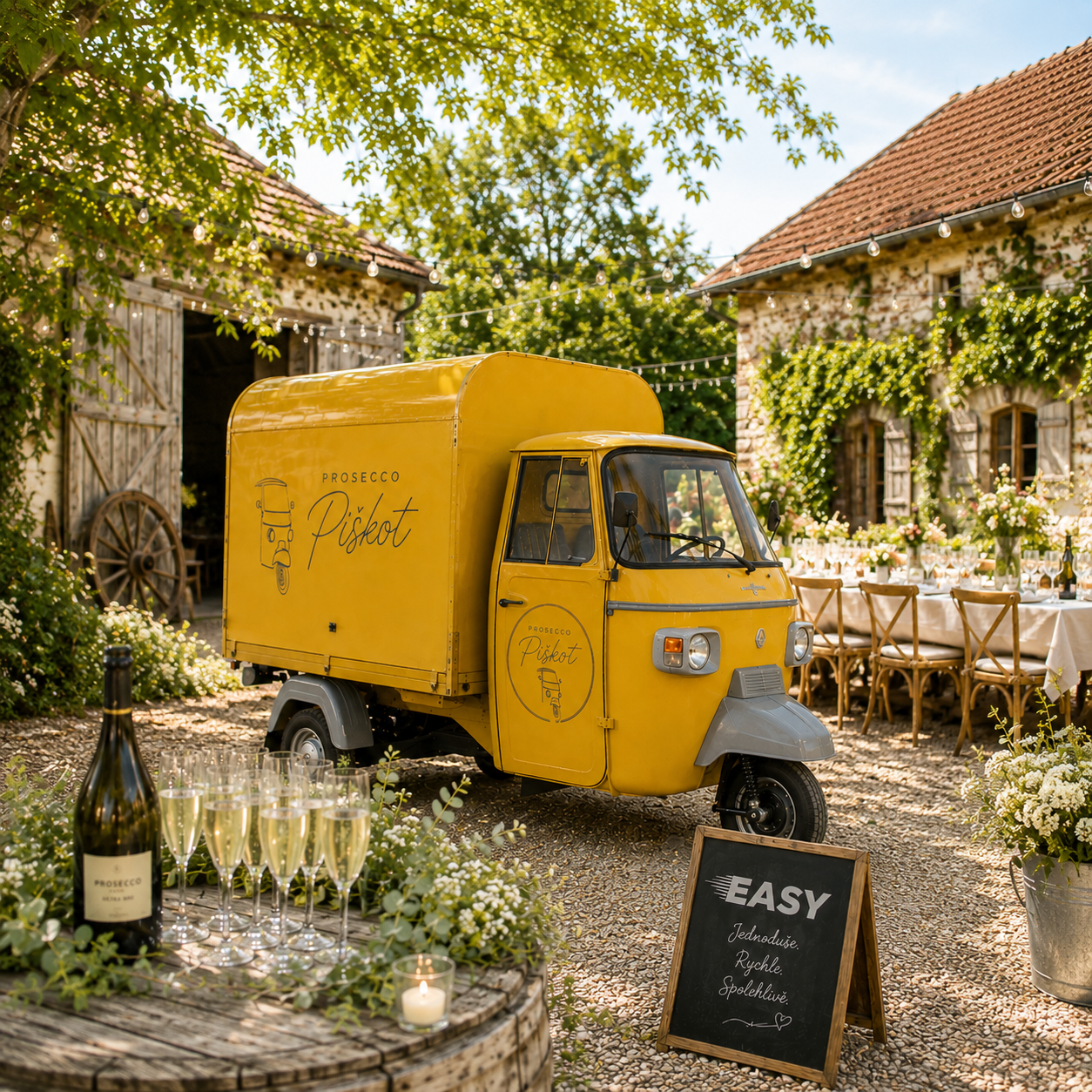 Žlutý svatební bar s nápisem Prosecco Piskot před venkovní svatební výzdobou, svíčky a sklenice na stole.