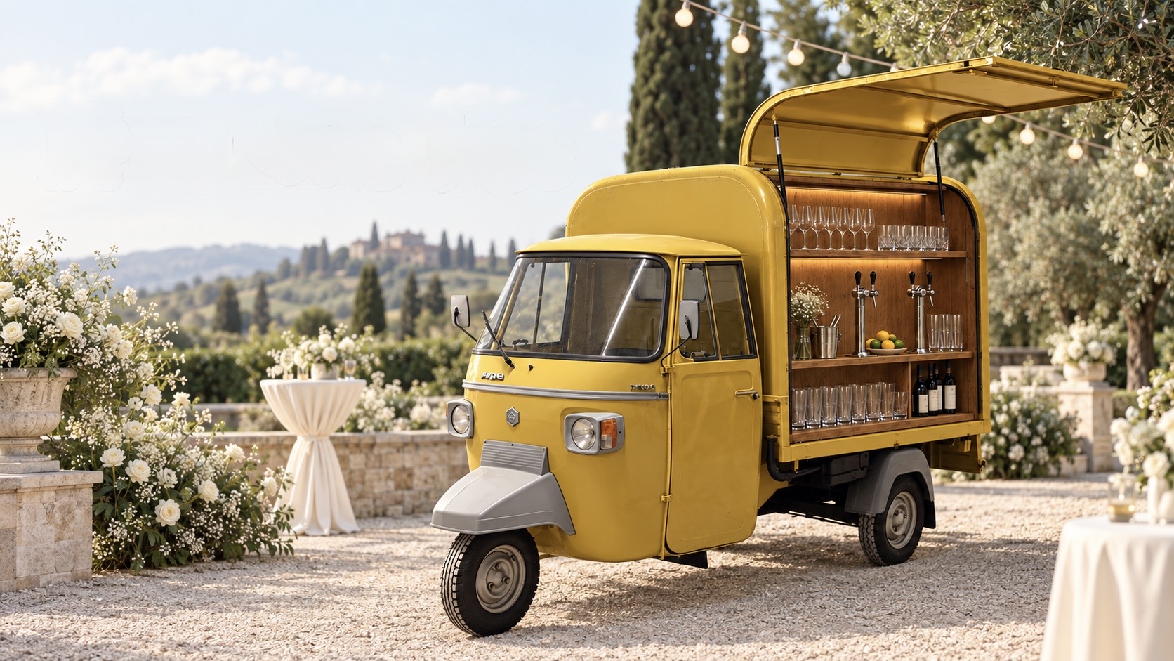 Žlutý Ape Piaggio prosecco mobilní bar, jako skvělé řešení wine cateringu na svatbu.